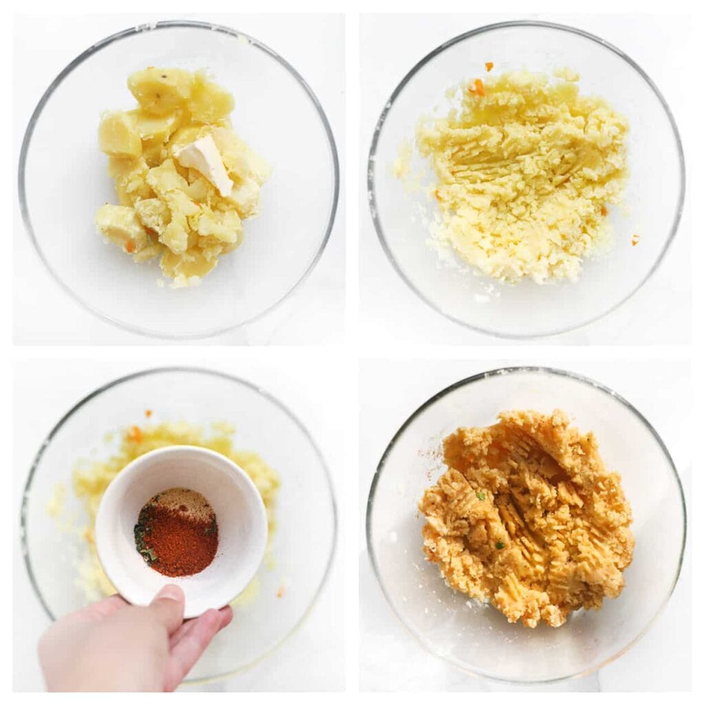 Voeg de roomboter toe aan de aardappels en stamp ze fijn. Meng de uienpoeder, knoflookpoeder, cayennepeper en zwarte peper erdoor.