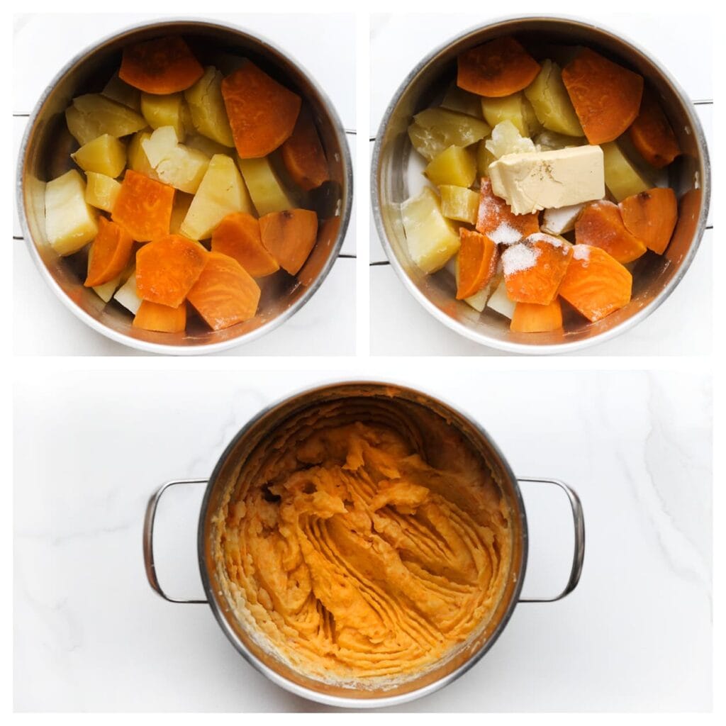 Voeg de roomboter, zout, peper en kokosmelk toe aan de aardappels en stamp tot een romige puree.