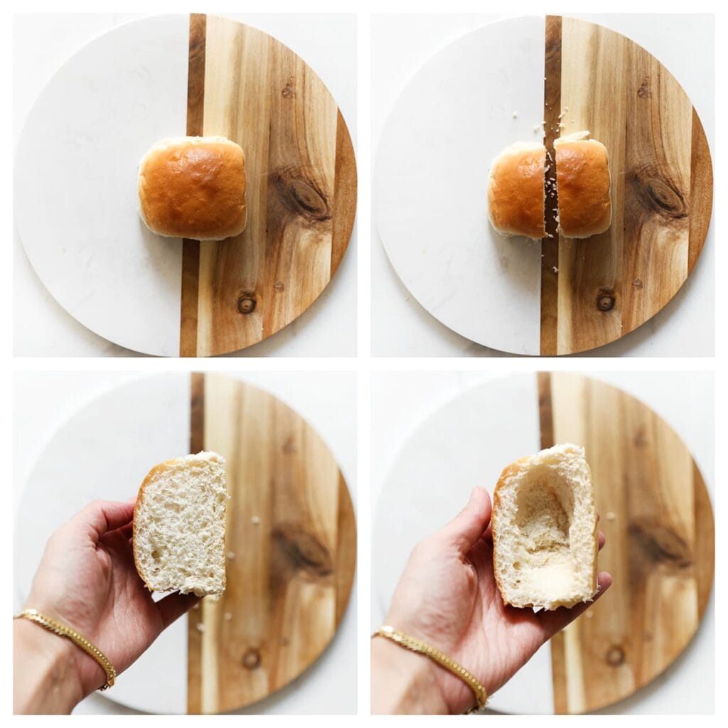 Snijd de bolletjes brood doormidden en verwijder voorzichtig het binnenste deel, of druk dit in, zodat er een holte ontstaat.