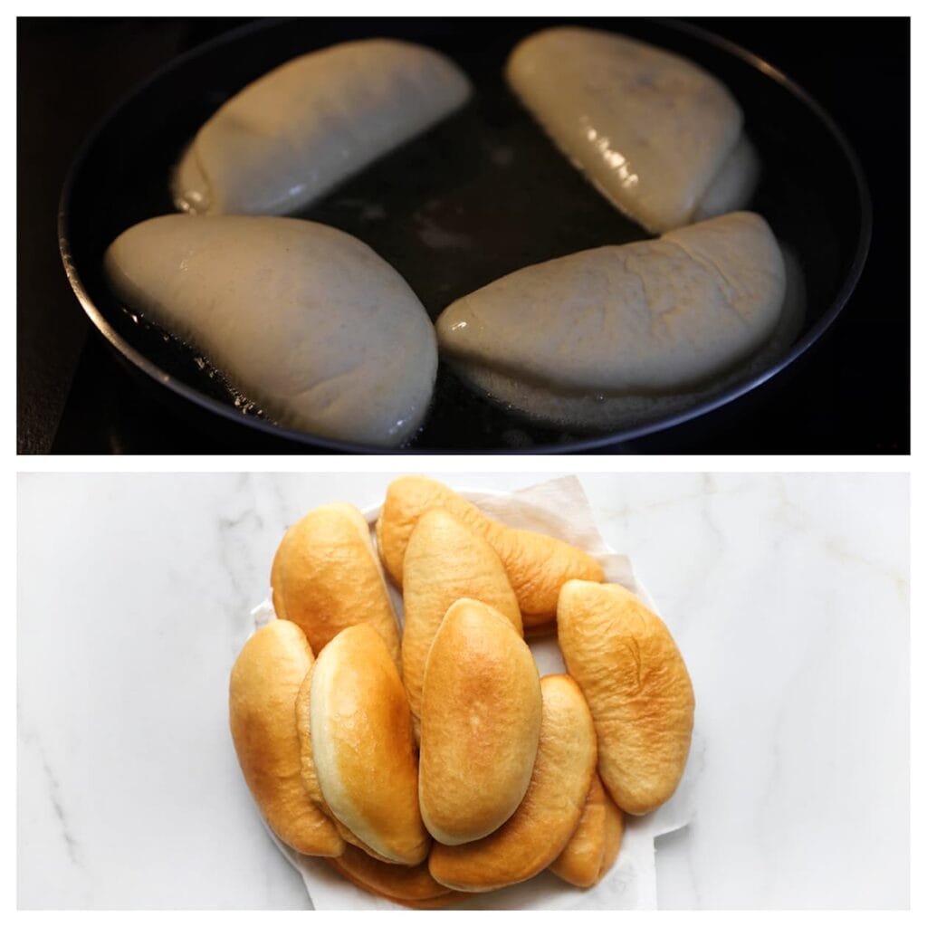 Verhit een laagje zonnebloemolie (ongeveer 2 cm) in een koekenpan op middelhoog vuur (175 °C). Bak de broodjes aan beide kanten goudbruin.