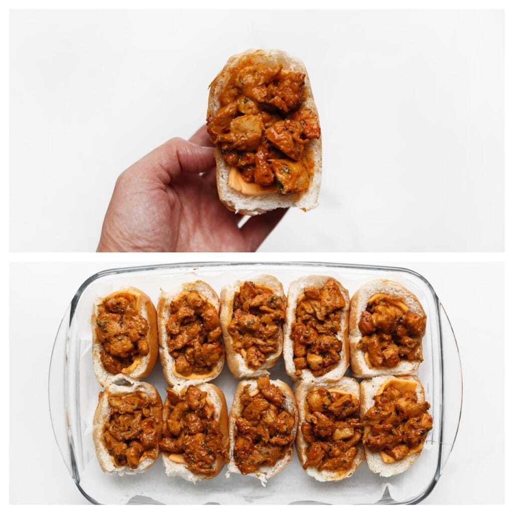 Vul de holtes van de broodjes met een laagje kaas naar wens en het kipmengsel. Leg de gevulde broodjes op een ovenschaal.