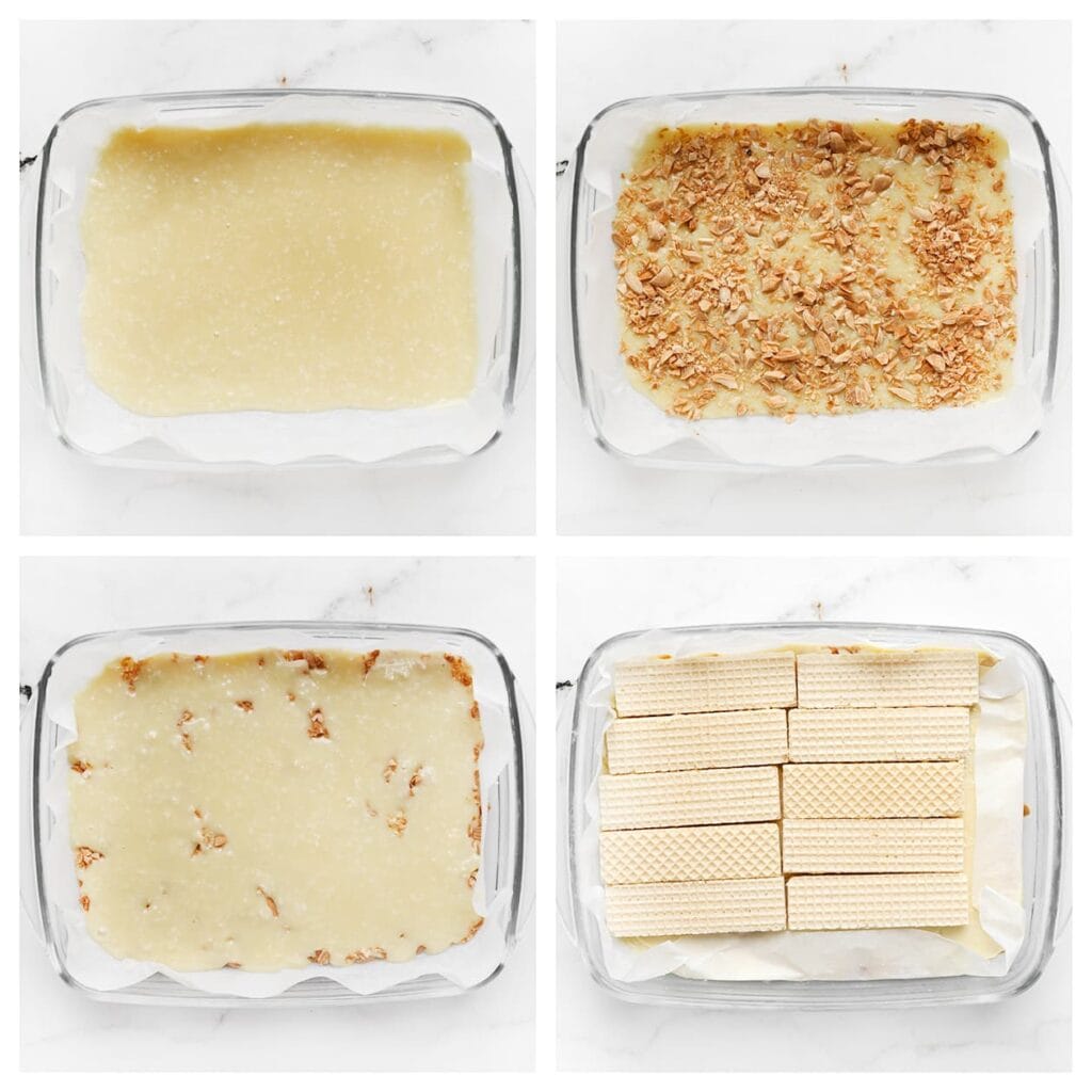 Giet de helft van het kokosmengsel in de bodem van een schaal en strooi de gehakte gebakken amandelen eroverheen. Bedek met de rest van het kokosmengsel en leg hier de vanillewafels op. Laat dit minimaal 1 uur opstijven in de koelkast.