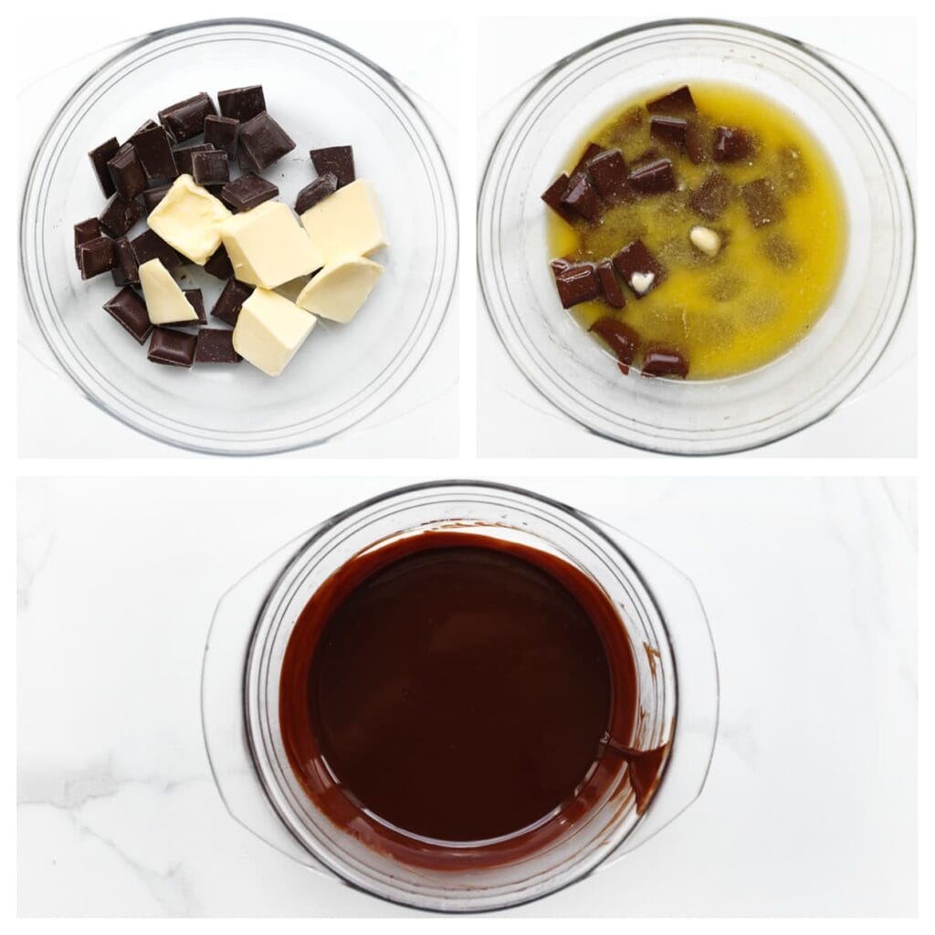 Smelt de roomboter samen met de pure chocolade au bain-marie. Laat het mengsel licht afkoelen.