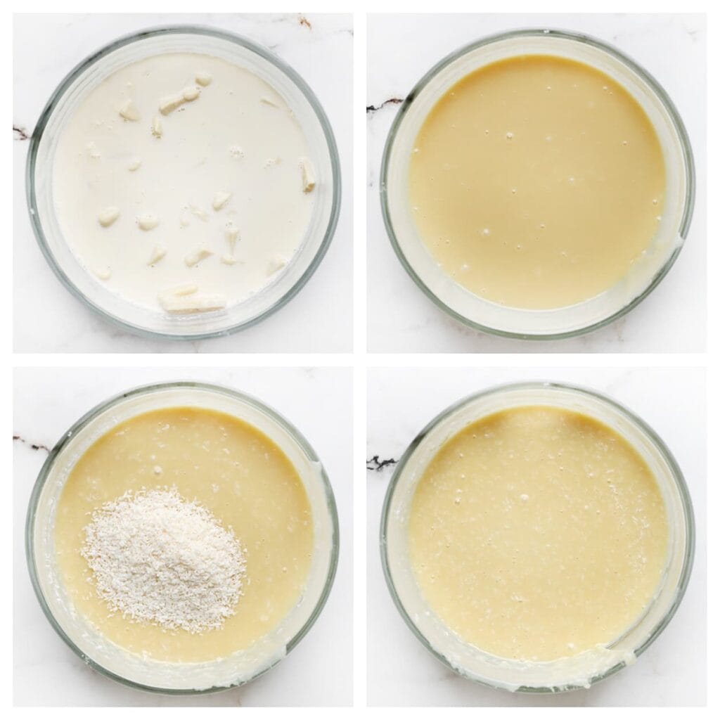 Verwarm de slagroom tot net onder het kookpunt. Voeg de 300 g witte chocolade toe, laat 1 minuut staan en roer tot een gladde ganache ontstaat. Meng de geraspte kokos erdoor.