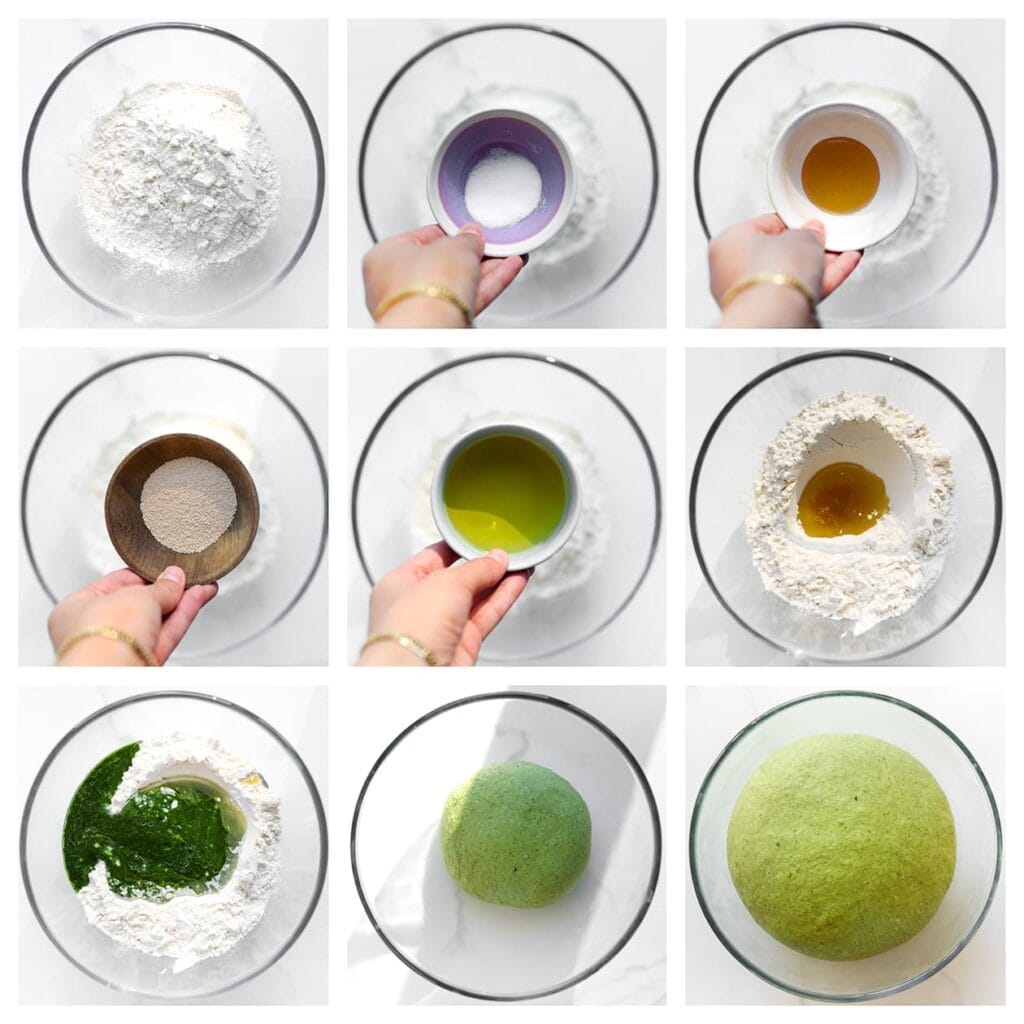 Doe de bloem, zout, honing, gist, olijfolie, fijngehakte spinazie en water in een diepe kom. Meng alles goed en kneed het deeg 10-12 minuten tot het soepel en elastisch is. Dek het deeg af en laat het 1 uur rijzen op een warme plek, of totdat het in volume is verdubbeld.