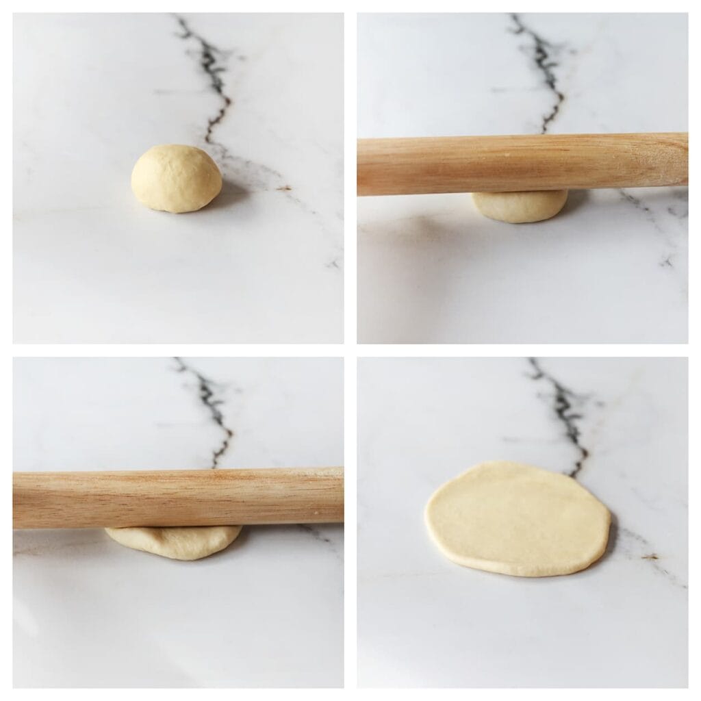 Rol elk bolletje deeg uit tot een ronde lap.