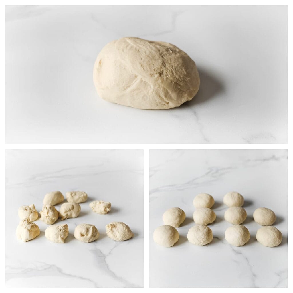 Druk de lucht uit het gerezen deeg en verdeel het in 10 gelijke stukken (ongeveer 71 gram per stuk). Vorm elk stuk tot een bolletje.