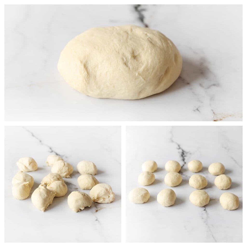 Druk de lucht uit het deeg en verdeel het in 12 gelijke stukken van ongeveer 58 gram per stuk. Vorm elk stuk tot een mooi bolletje.