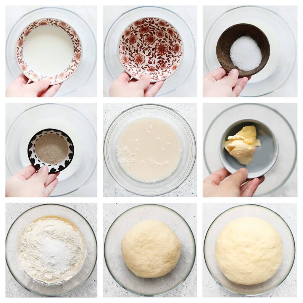 Meng de lauwwarme melk, lauwwarm water, suiker en gist in een grote kom. Roer goed door. Voeg vervolgens de margarine, bloem en het zout toe. Kneed het deeg 10-12 minuten tot het soepel is. Dek af en laat 1 uur rijzen op een warme plek, of tot het in volume verdubbeld is.