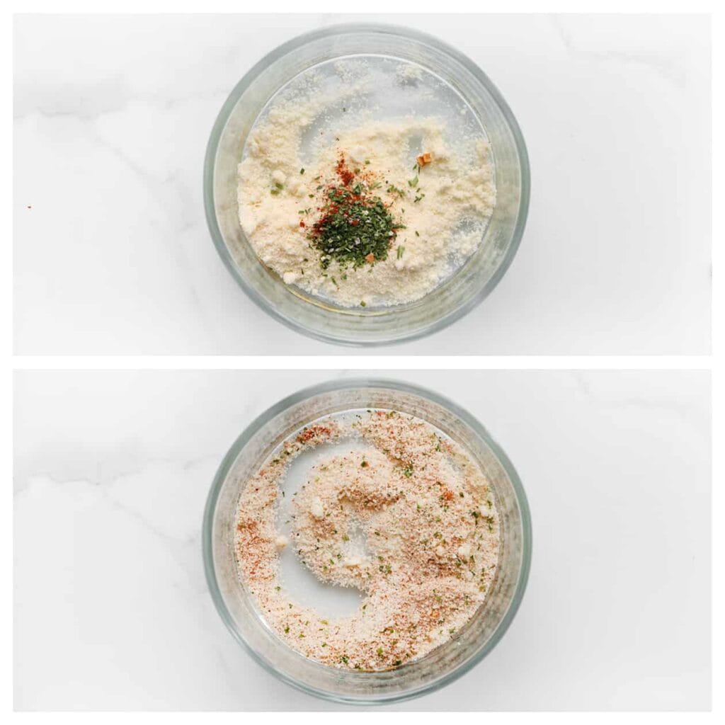 Meng in een aparte kom de fijngemalen Parmezaanse kaas, cayennepeper, knoflookpoeder, uienpoeder en gedroogde peterselie. Zet dit mengsel apart.