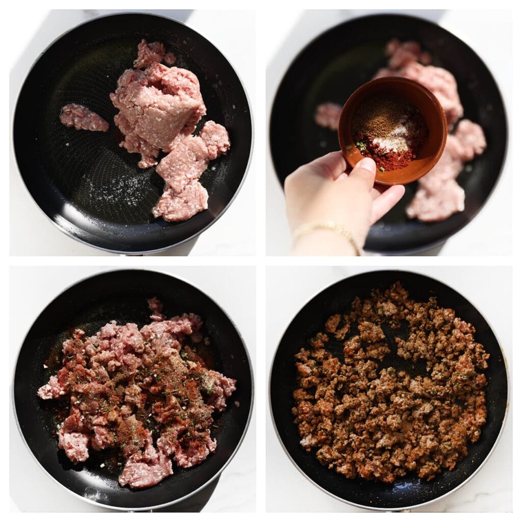 Verhit de olijfolie in een koekenpan op middelhoog vuur. Voeg het gehakt, zout, komijnpoeder, knoflookpoeder, paprikapoeder, de cayennepeper en gedroogde peterselie toe. Bak het gehaktmengsel 5-6 minuten.