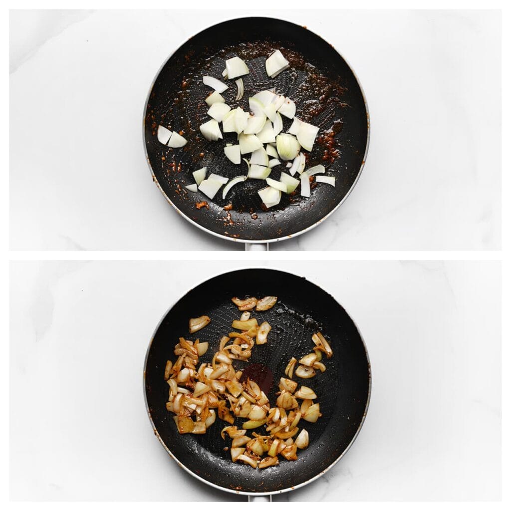 Pel en snijd de gele ui in stukken. Verhit dezelfde koekenpan op middelhoog vuur en bak de ui 5-7 minuten tot deze mooi gekarameliseerd is.