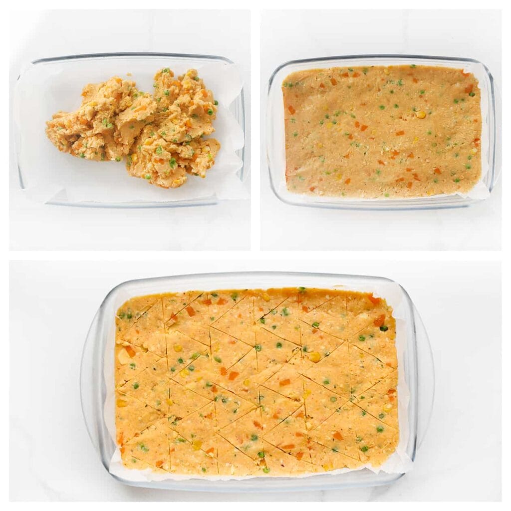 Verdeel het mengsel gelijkmatig over een schaal bekleed met bakpapier en druk stevig aan. Snijd een patroon van driehoekjes (of een andere gewenste vorm) in het mengsel. Zet de schaal 1 uur in de vriezer om het stevig te laten worden.