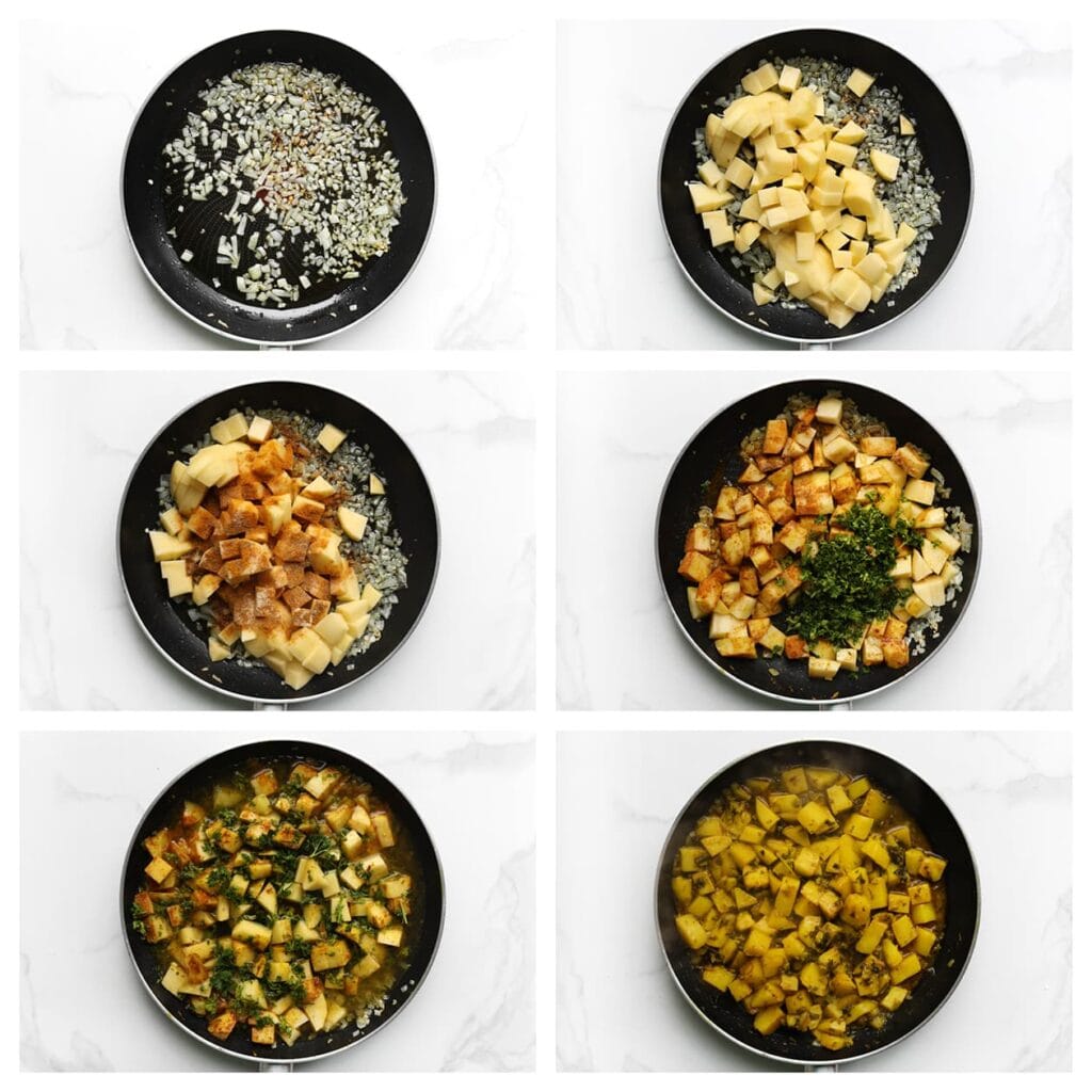 Verhit de olijfolie in een koekenpan op middelhoog vuur. Voeg de ui toe en bak deze 3-4 minuten, tot ze zacht begint te worden. Voeg de aardappels, ras el hanout, zout, knoflookpoeder, cayennepeper, komijn, peterselie en het water toe. Roer alles goed door. Zet het vuur hoog totdat het water begint te borrelen. Verlaag vervolgens het vuur en laat de aardappels, met de pan afgedekt, 22-28 minuten sudderen, of tot de aardappels zacht zijn. Prik met een vork om te controleren of de aardappels gaar zijn.