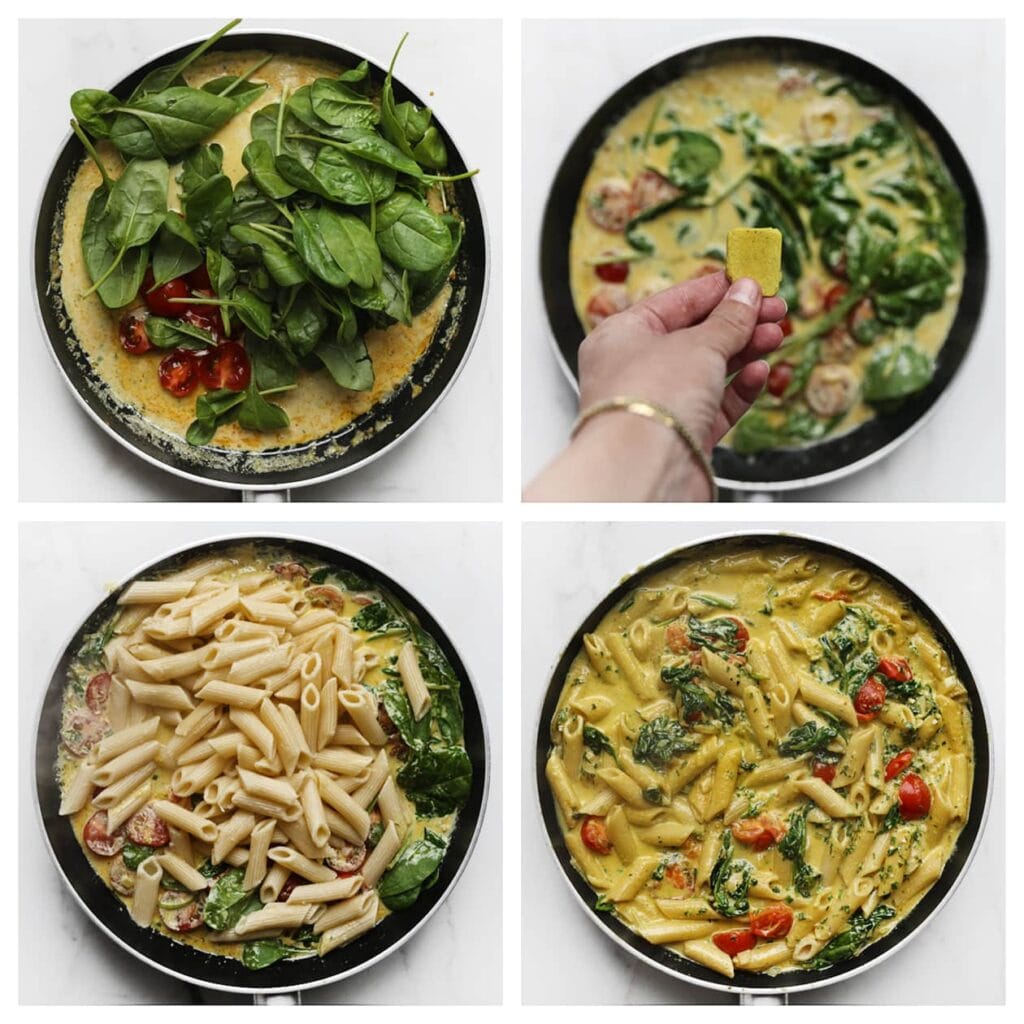 Voeg de snoeptomaatjes en spinazie toe, meng goed. Verkruimel het kippenbouillonblokje boven de pan en voeg de penne toe. Kook 2-3 minuten.