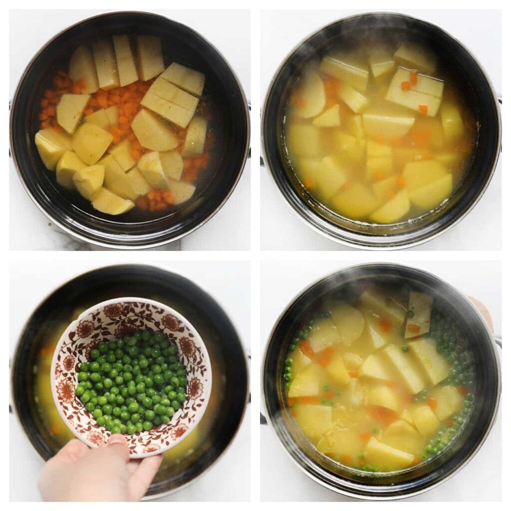 Schil de aardappels en wortels, en snijd ze in blokjes. Doe ze in een pan met 900 ml water en verkruimel het kippenbouillonblokje erboven. Breng aan de kook en laat 10 minuten doorkoken. Voeg daarna de doperwten toe en kook nog 5 minuten mee.