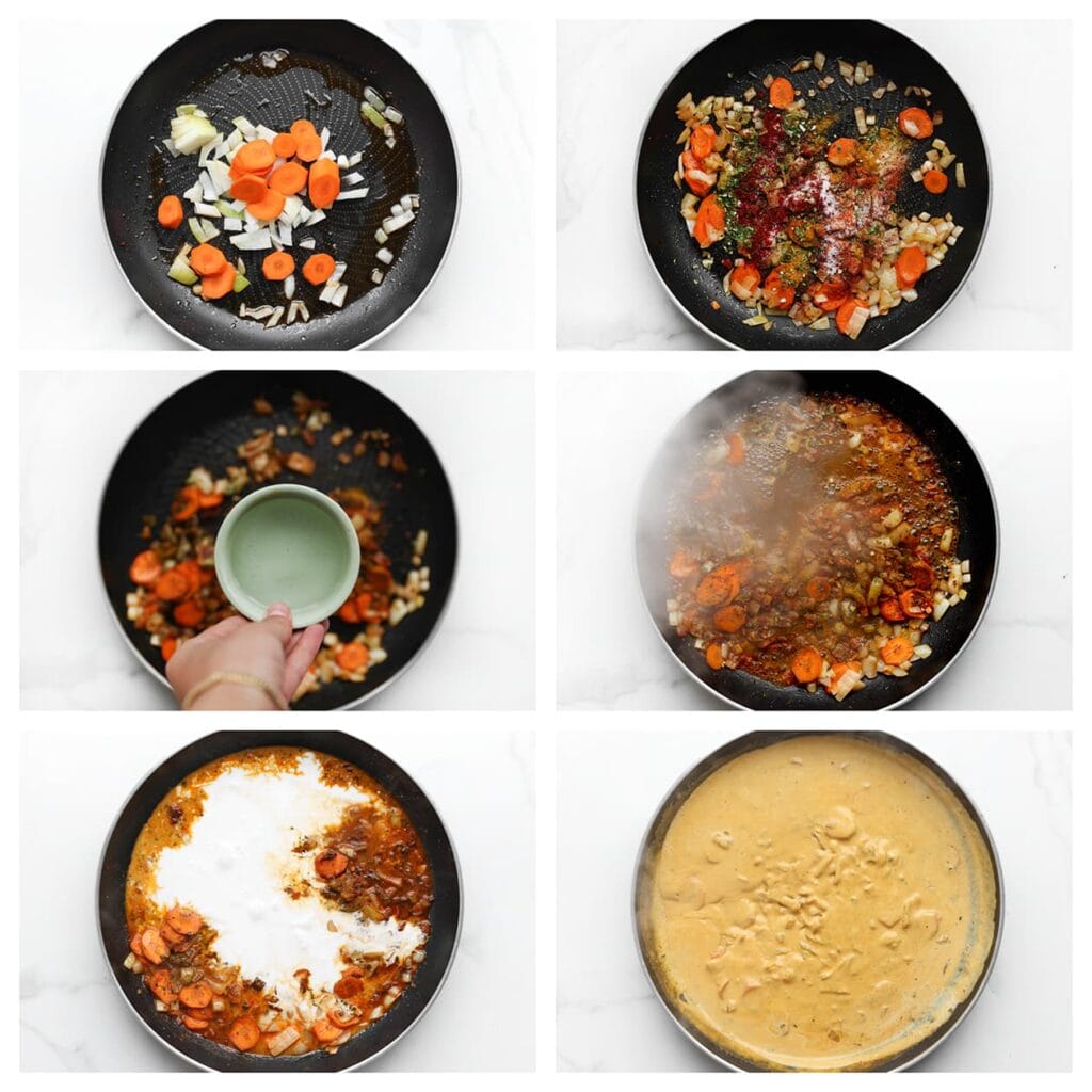 In dezelfde pan bak je de ui en wortel 4-5 minuten op middelhoog vuur. Voeg het currypoeder, cayennepeper, peterselie, knoflookpoeder en zout toe. Meng alles goed. Voeg het water en de kokosmelk toe, zet het vuur hoog en breng aan de kook. Zet daarna het vuur laag en laat het geheel, afgedekt, 20 minuten sudderen.