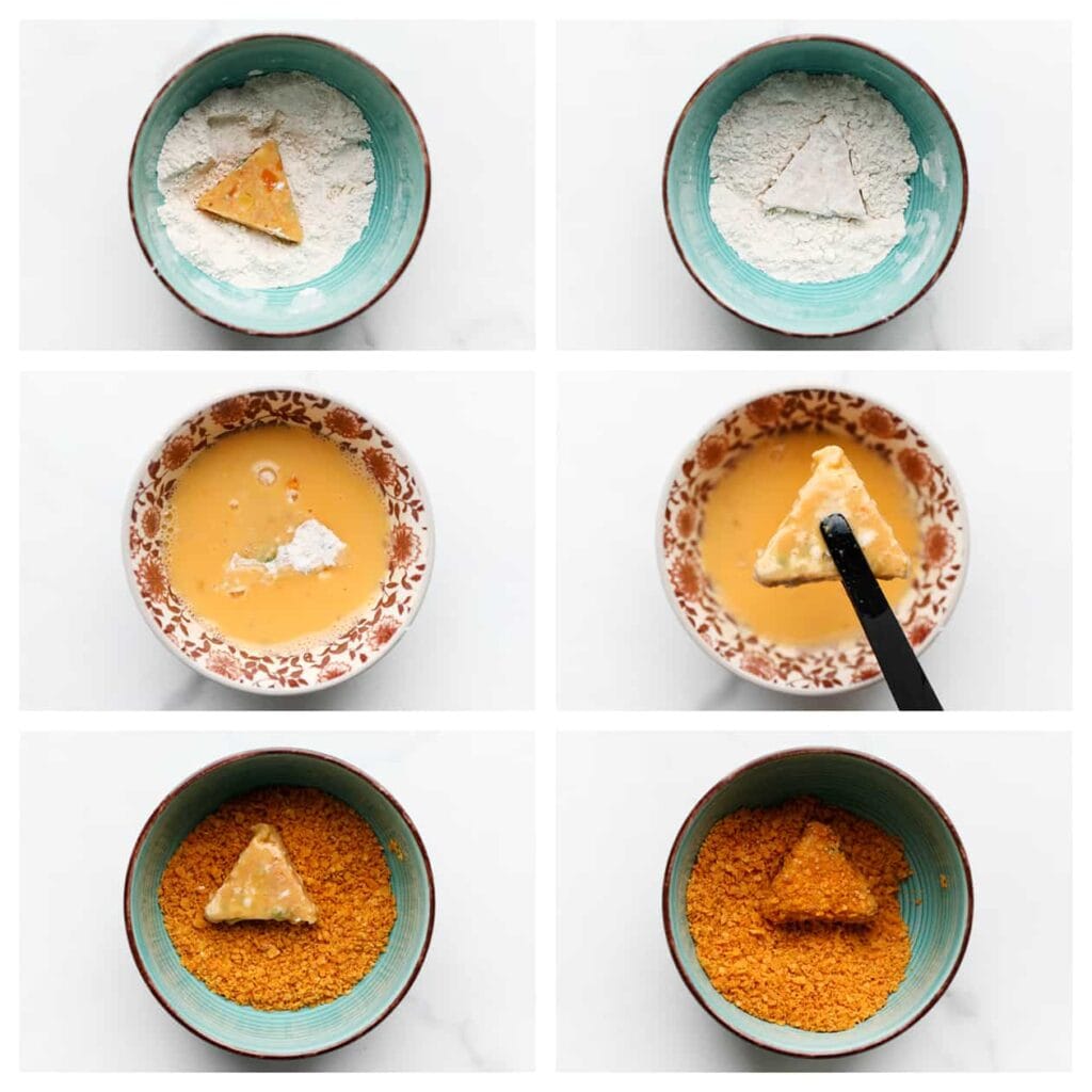 Haal de bevroren driehoekjes eerst door het bloemmengsel, daarna door het geklutste ei, en tenslotte door de verkruimelde nachos.