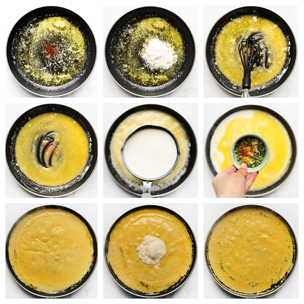 Smelt de roomboter in een pan met dikke bodem op laag vuur. Voeg de bloem toe en kook al roerend met een garde ongeveer 1 minuut mee. Voeg de melk, het zout, de zwarte peper, cayennepeper, currypoeder, uienpoeder en knoflookpoeder toe. Roer goed door tot het mengsel dikker wordt. Voeg dan de Parmezaanse kaas toe en blijf roeren tot er een gladde saus ontstaat.