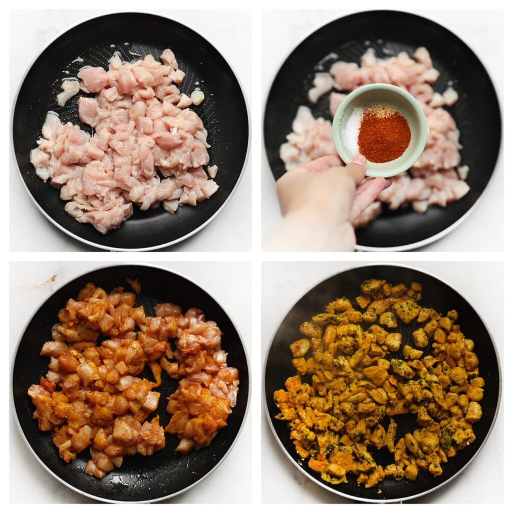 Verhit de olijfolie in een koekenpan op middelhoog vuur. Voeg de kippendijen, knoflookpoeder, uienpoeder, cayennepeper, kurkuma en het zout toe. Bak 5-6 minuten, tot de kippendijen gaar zijn.