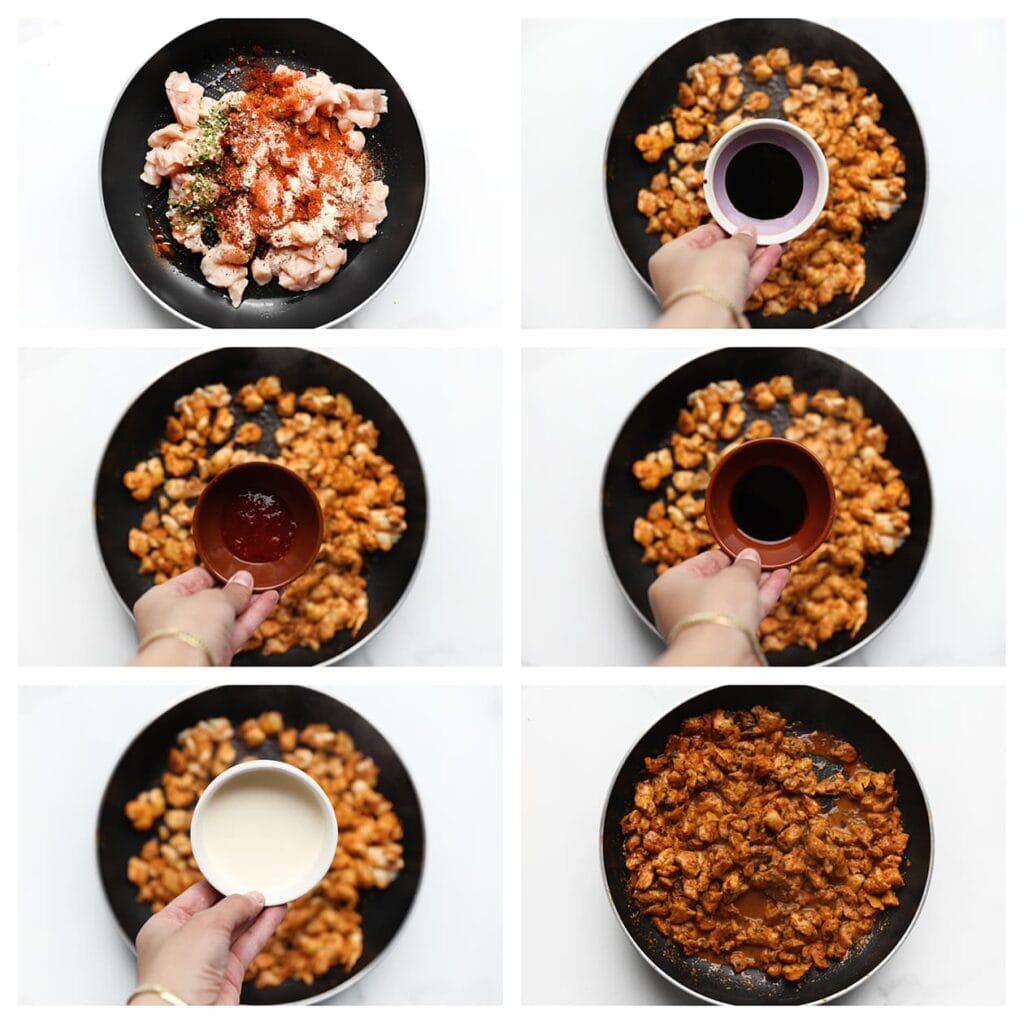 Verhit de roomboter samen met de olijfolie in een koekenpan op middelhoog vuur. Voeg de kip, cayennepeper, paprikapoeder, uienpoeder, knoflookpoeder, kipkruiden en gedroogde peterselie toe. Bak de kip 4-5 minuten. Voeg de ketjap manis, sambal, sojasaus en ongeklopte slagroom toe. Zet het vuur hoog. Laat de saus inkoken tot deze wat dikker is (blijf erbij staan).