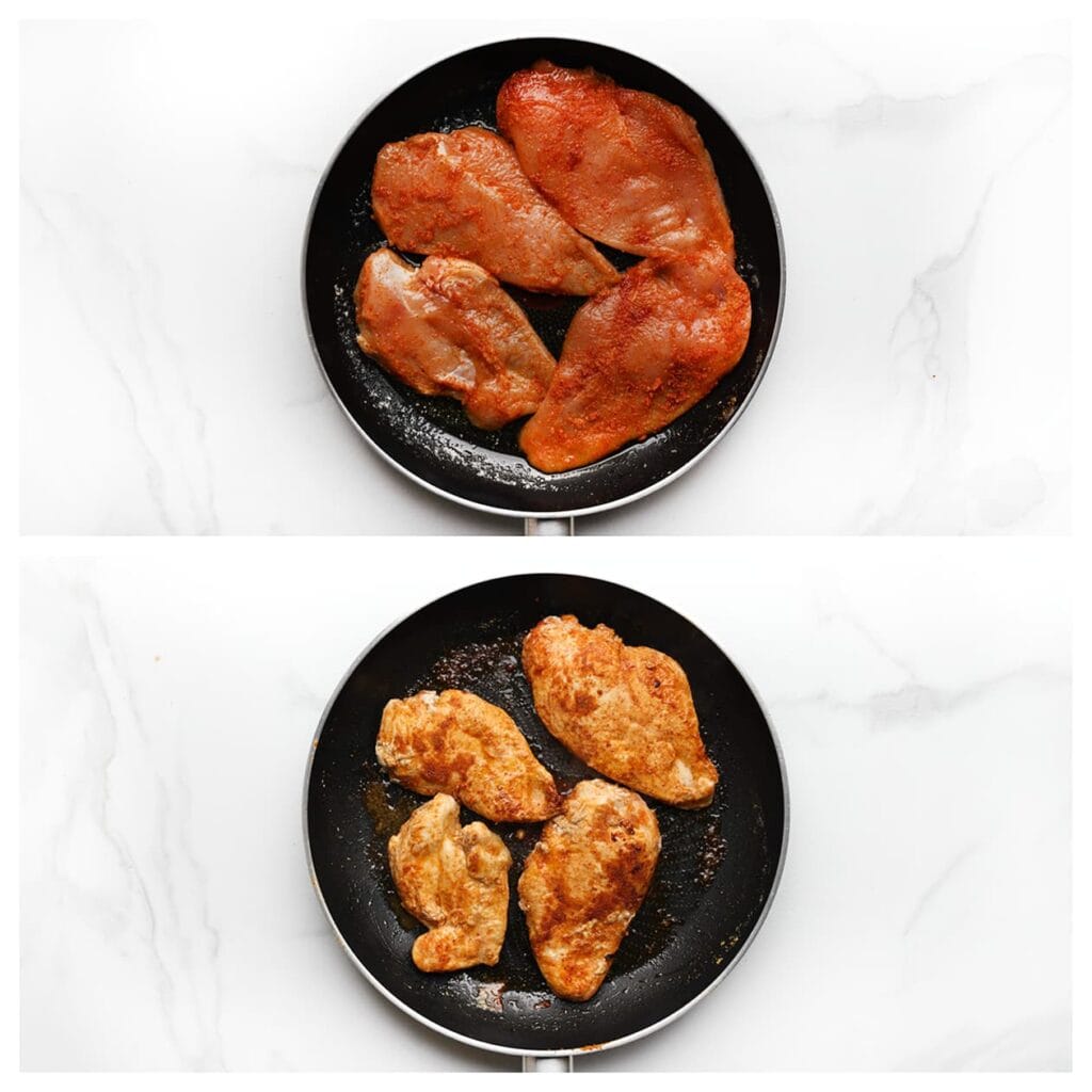 Verhit een koekenpan op middelhoog vuur, voeg de kip toe en bak deze in 6-7 minuten gaar.