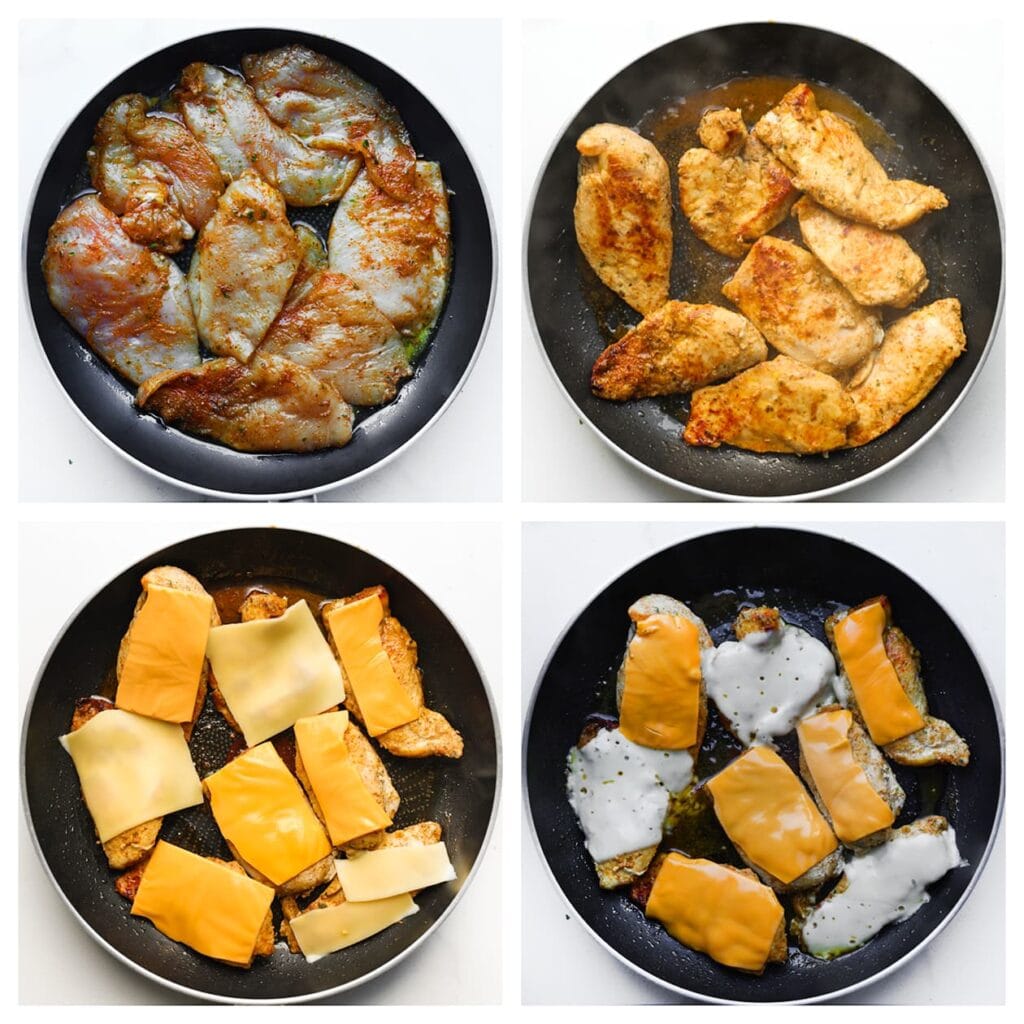 Verhit een koekenpan op middelhoog vuur. Bak de kipfilet 3 minuten aan één kant. Draai de kip om, leg een half plakje kaas erop en bak nog eens 3 minuten, totdat de kip gaar is en de kaas gesmolten.