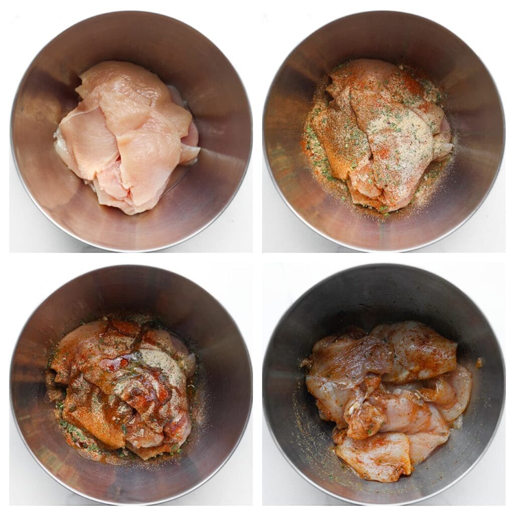 Was en snijd de kipfilet in platte stukken. Doe ze in een kom en voeg komijnpoeder, cayennepeper, knoflookpoeder, uienpoeder, zwarte peper, zout en olijfolie toe. Meng goed door elkaar en zet de kip afgedekt in de koelkast om de smaken te laten intrekken.