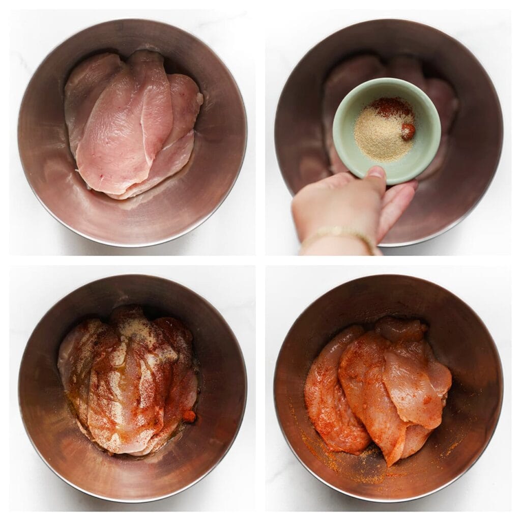 Doe de kipfilet in een diepe kom. Voeg de uienpoeder, knoflookpoeder, cayennepeper, het zout en de olijfolie toe. Meng goed.