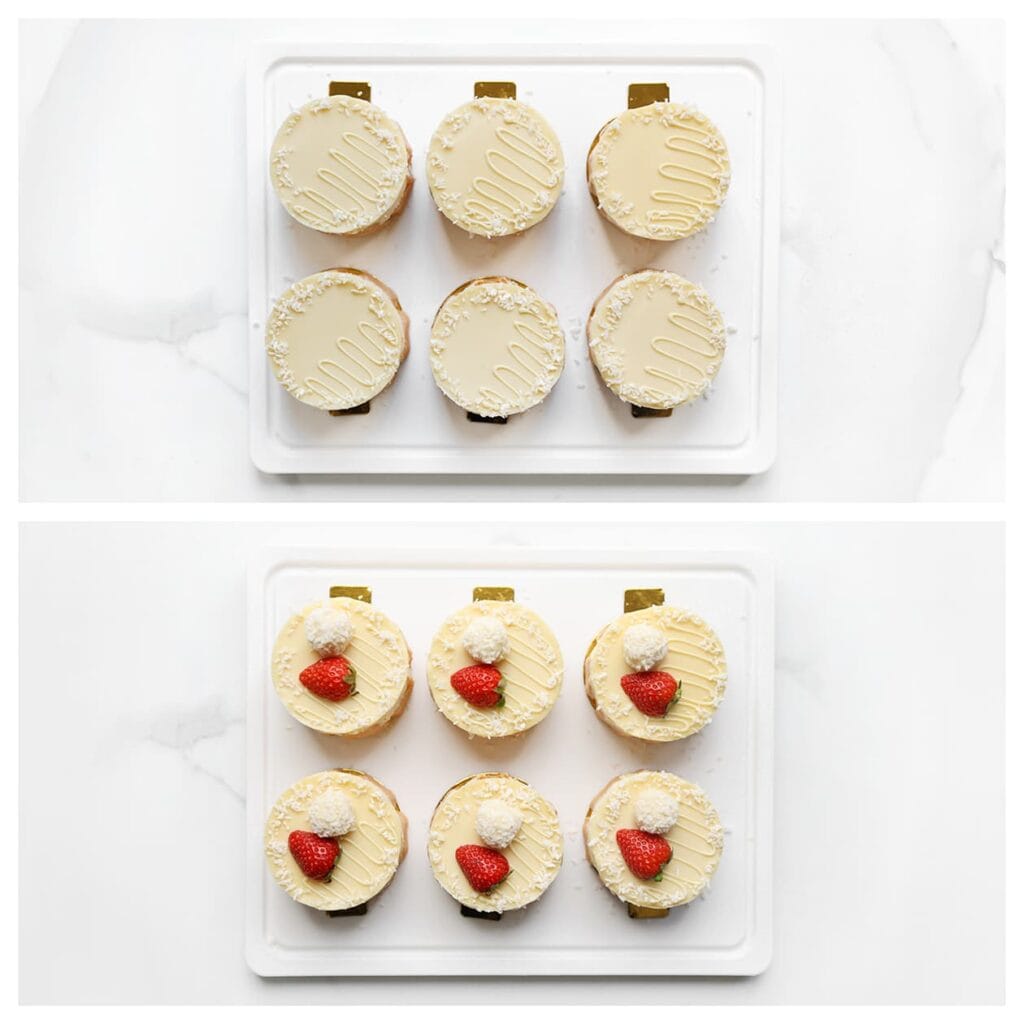 Garneer het dessert vlak voor het serveren met chocolade lijntjes, halve aardbeien en geraspte kokos.