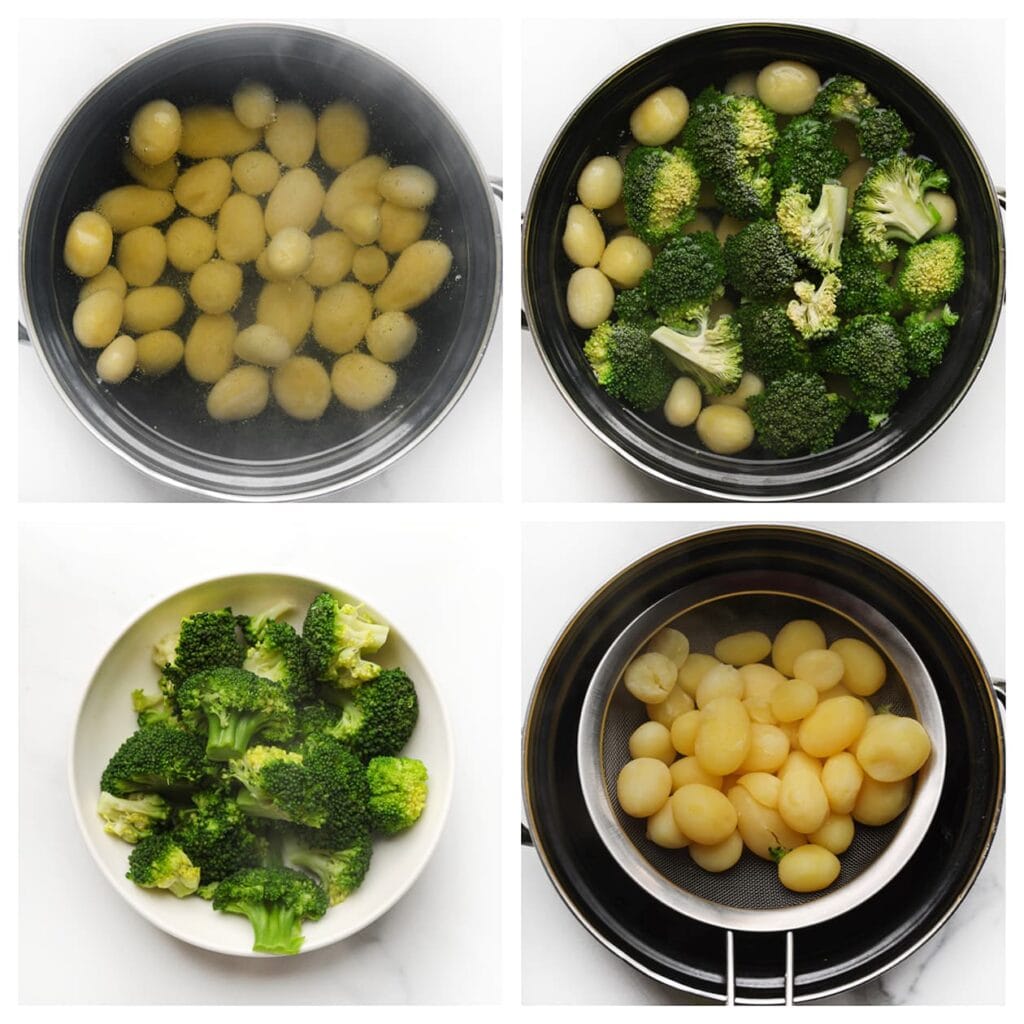 Breng de krieltjes aan de kook in een pan met gezouten water en laat ze 2-3 minuten koken. Voeg de broccoli toe en kook nog 4-5 minuten mee, tot beide gaar zijn. Haal de broccoli uit het water en zet apart. Giet de krieltjes af.