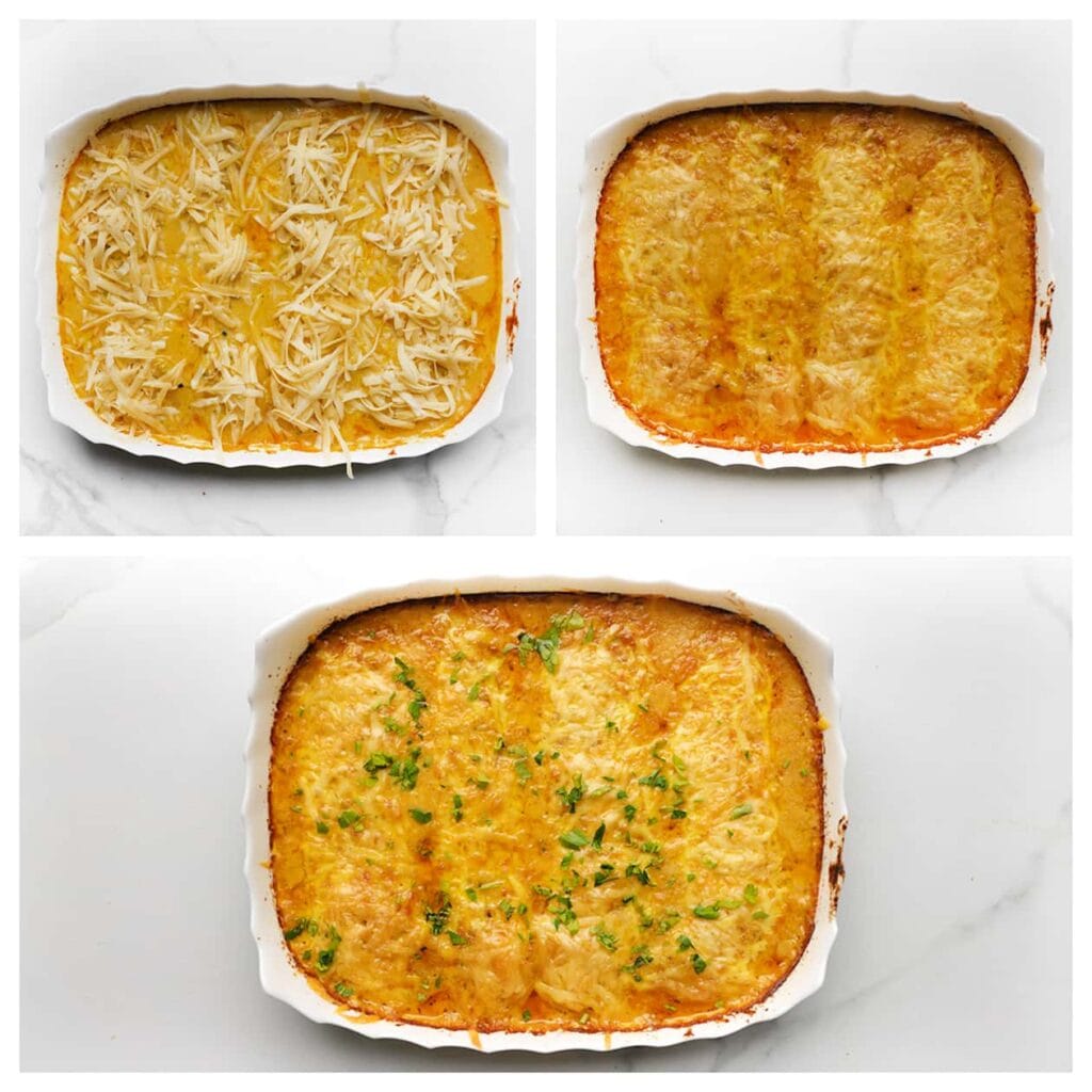 Haal de ovenschotel voorzichtig uit de oven en strooi er wat geraspte jonge kaas over. Zet de schaal terug in de oven en bak nog 10 minuten, of tot de bovenkant mooi goudbruin is. Garneer de ovenschotel met verse peterselie, als je hier van houdt.