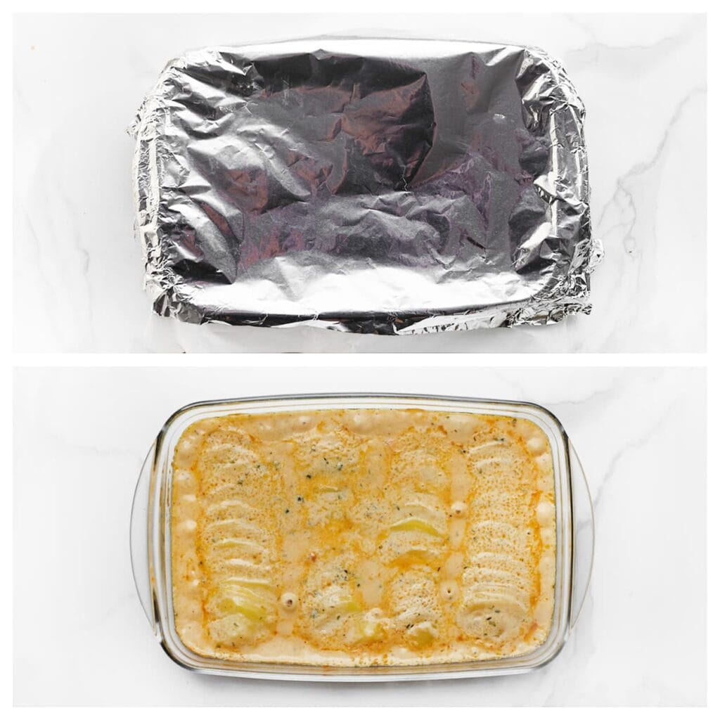 Plaats de schaal in de oven en bak 50 minuten, of tot de aardappels zacht zijn.