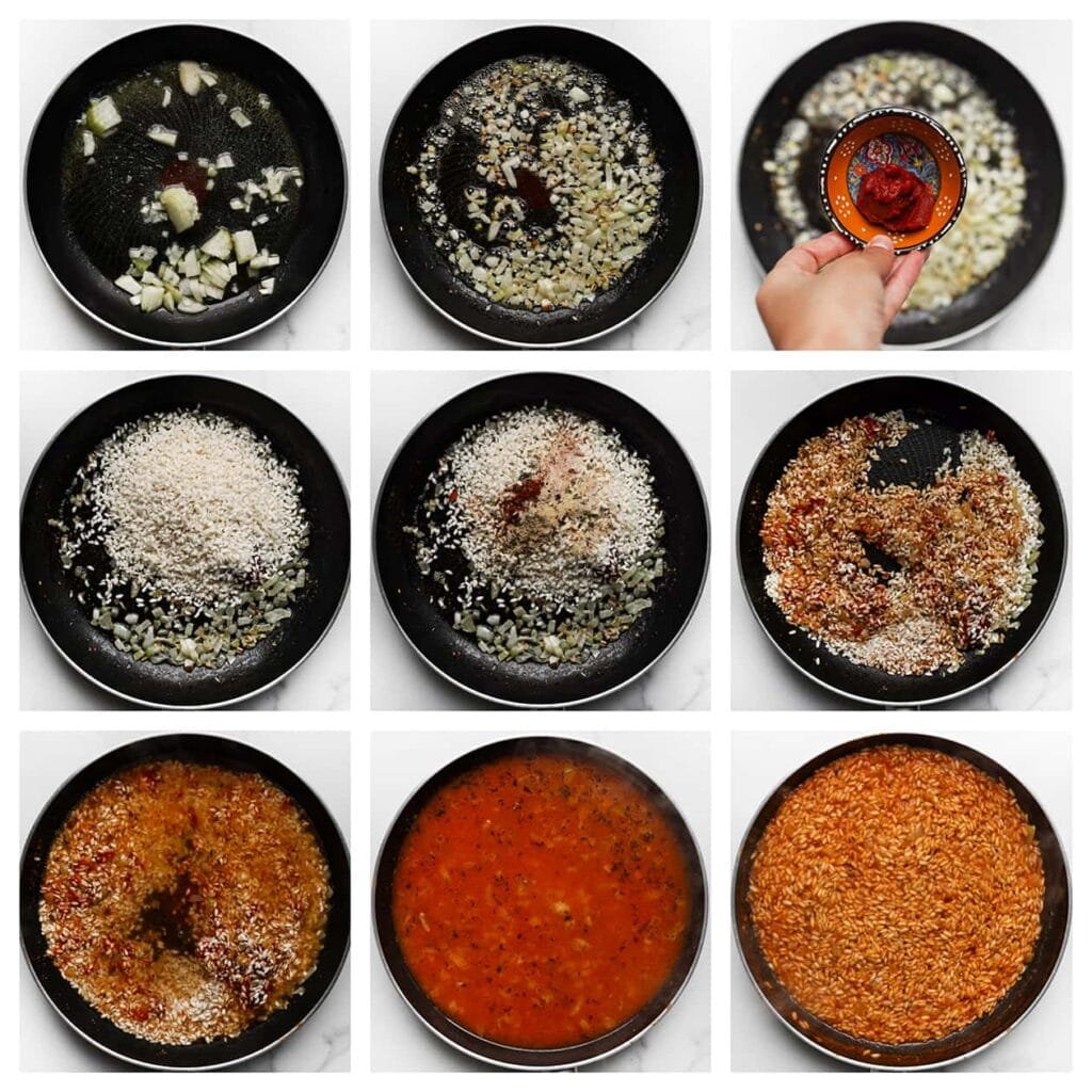 Verhit de roomboter en olijfolie in een koekenpan op middelhoog vuur. Voeg de gesnipperde gele ui toe en bak 3-4 minuten tot deze zacht en glazig is. Voeg de tomatenpuree, risottorijst, cayennepeper, paprikapoeder, uienpoeder, knoflookpoeder, Italiaanse kruiden en het zout toe. Roer goed door tot alle rijstkorrels bedekt zijn, dit duurt ongeveer 1-2 minuten. Voeg 500 ml van het gekookte water toe aan de rijst en roer tot het vocht is opgenomen. Laat de risotto 10-12 minuten zachtjes koken op laag vuur en roer af en toe.