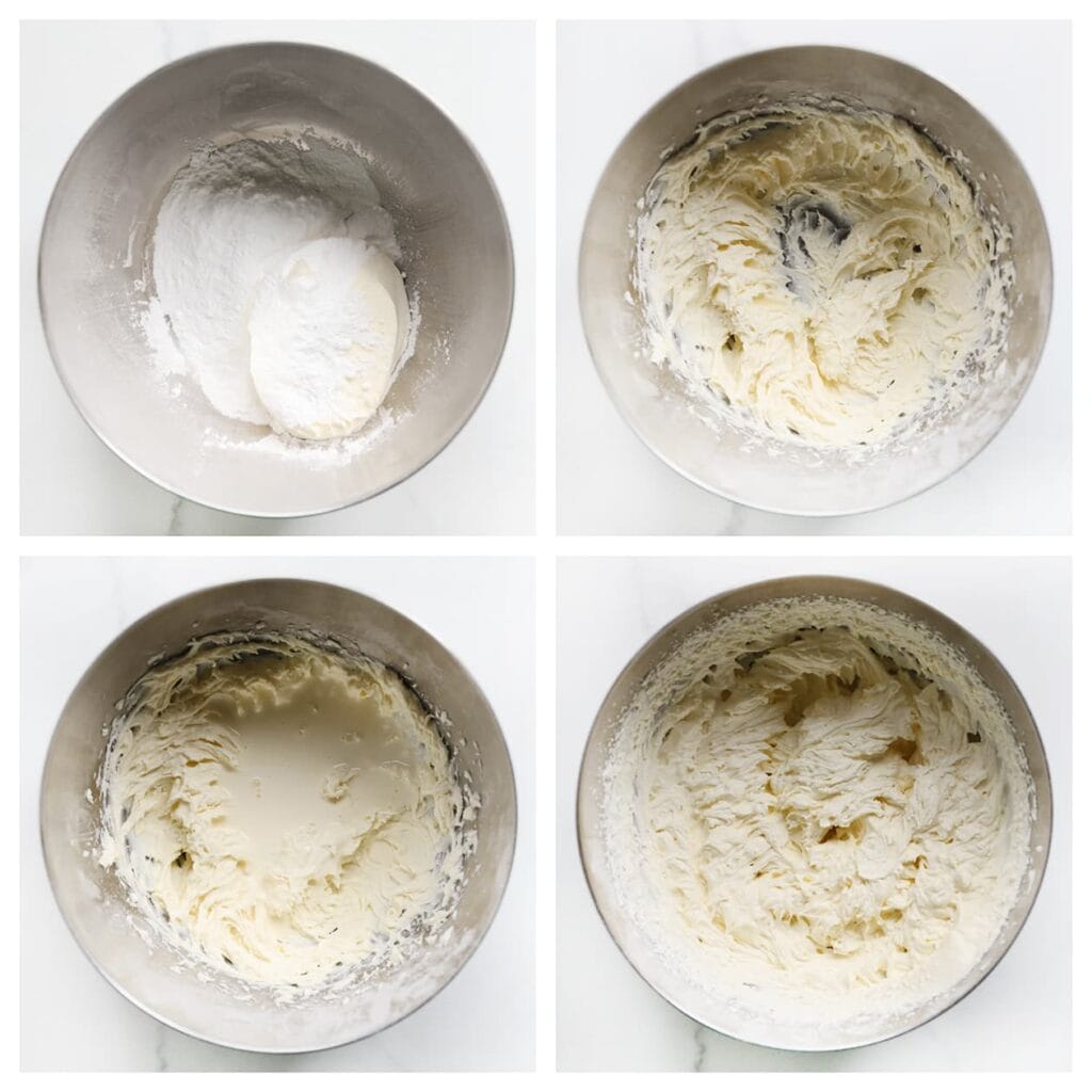 Doe de roomkaas, vanillesuiker, poedersuiker en klopfix in een diepe kom. Mix dit 1 minuut op een lage stand. Voeg geleidelijk de ongeklopte slagroom toe en mix door tot de room stijf is.