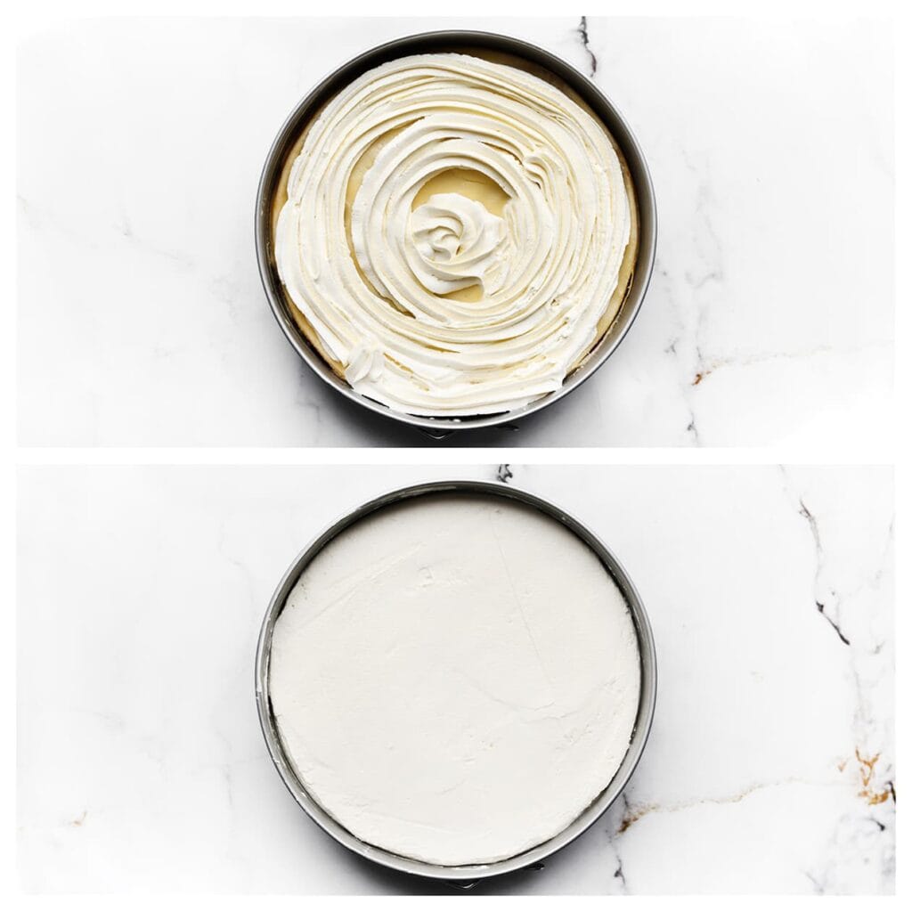 Verspreid de room gelijkmatig over de cheesecake, en houd een deel apart voor de garnering.