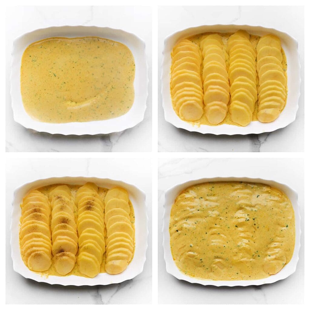 Schil de aardappels en snijd ze in dunne schijfjes. Verdeel een laagje saus over de bodem van een ovenschaal en leg daar een laag aardappelschijfjes op. Herhaal dit tot de aardappelschijfjes op zijn, en giet de resterende saus eroverheen.