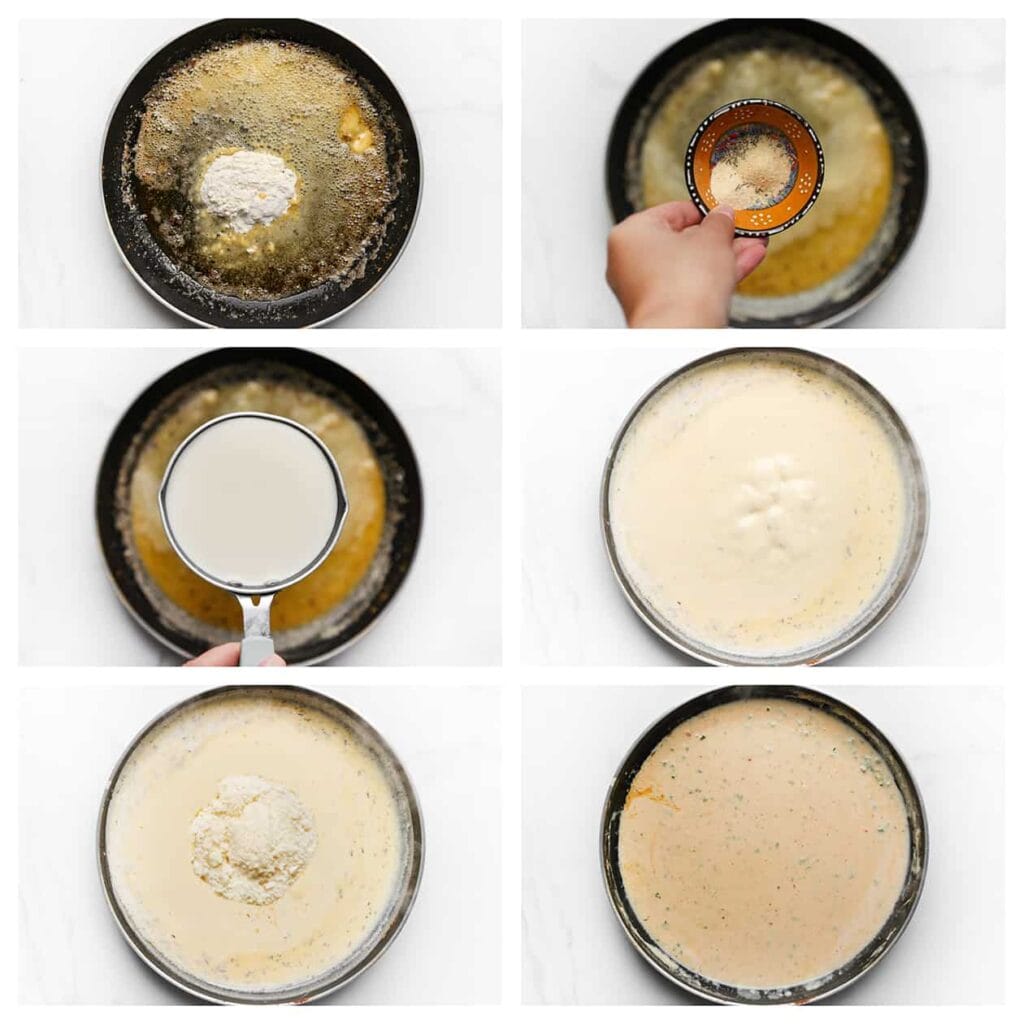 Smelt de roomboter in dezelfde koekenpan op laag vuur. Voeg de bloem toe en kook al roerend met een garde ongeveer 1 minuut. Voeg de melk, het zout, de zwarte peper, uienpoeder, knoflookpoeder en Italiaanse kruiden toe. Blijf roeren tot de saus dikker wordt. Voeg de Parmezaanse kaas toe en roer tot een gladde saus ontstaat.