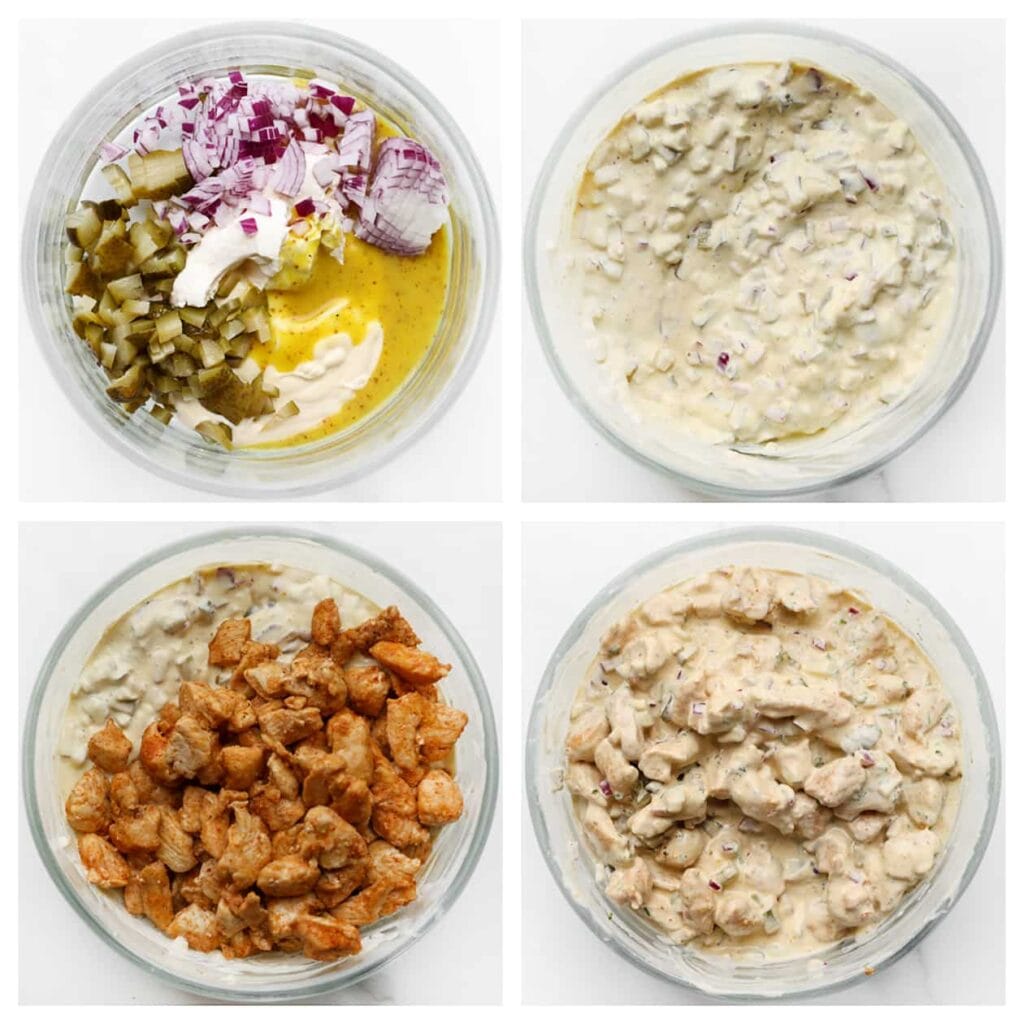 Meng in een kom de gehakte augurk, gesnipperde rode ui, mayonaise, crème fraîche en mosterd. Voeg de gebakken kip toe en meng alles goed door elkaar.