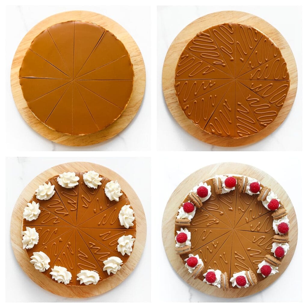 Snijd de cheesecake in mooie punten en garneer indien gewenst met lijntjes Biscoff pasta, toefjes room, verse frambozen en een halve Biscoff koek.