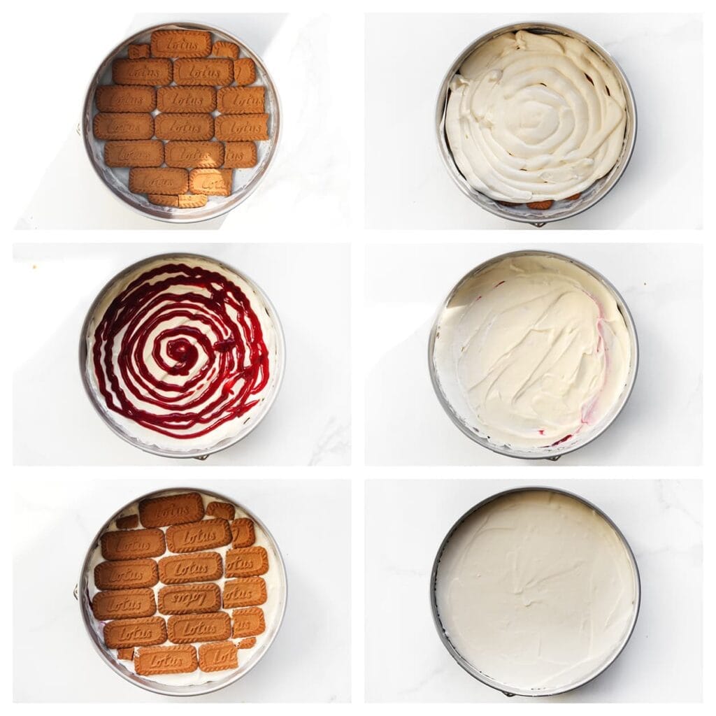 Bekleed de bodem van een bakvorm met bakpapier en verdeel een laagje Biscoff koekjes over de bodem. Spuit een derde van het cheesecakebeslag in de vorm en strijk glad. Verdeel een laagje frambozensiroop erover. Herhaal met nog een derde van het cheesecakebeslag en strijk opnieuw glad. Eindig met een laagje Biscoff koekjes en de resterende cheesecakevulling, en maak de bovenkant glad.