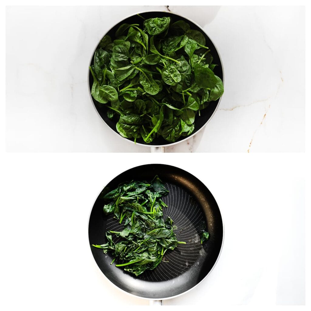 Verhit een koekenpan op middelhoog vuur. Voeg de spinazie toe en bak tot deze geslonken is. 