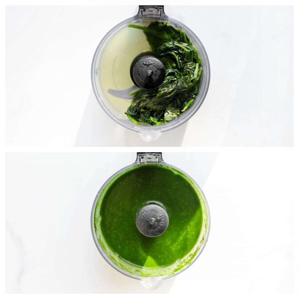 Maal vervolgens de spinazie fijn in een hakmolen.