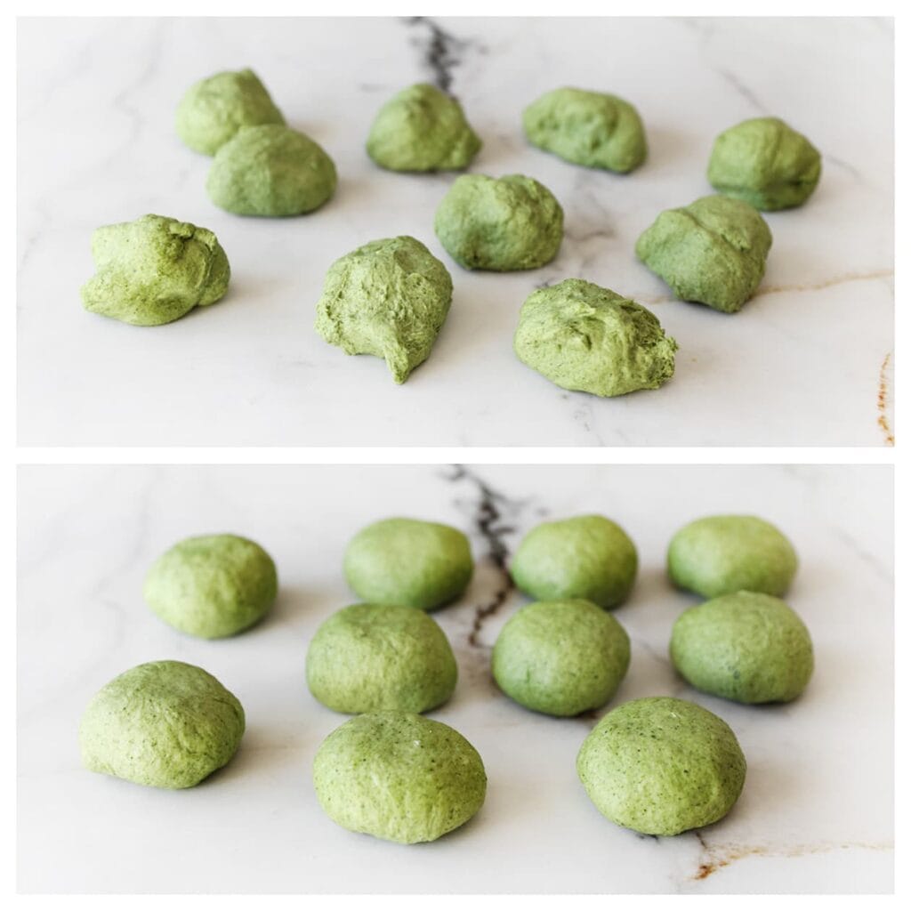 Verdeel het gerezen deeg in 10 gelijke stukken (ongeveer 77 g per stuk). Vorm elk stuk tot een bolletje. 