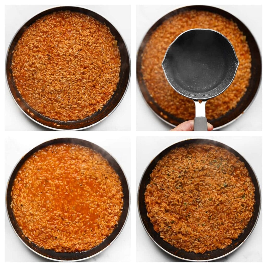 Wanneer het meeste vocht is opgenomen, maar de risotto nog niet gaar is, voeg je de resterende 300 ml gekookt water in delen toe, in plaats van alles tegelijk. Voeg een soeplepel van het water toe aan de rijst en roer totdat deze is opgenomen. Blijf dit proces herhalen: steeds een soeplepel water toevoegen en roeren tot het is opgenomen. Dit helpt om de juiste romige textuur te krijgen en zorgt ervoor dat de rijst dit beter opneemt. Dit duurt ongeveer 10 minuten.