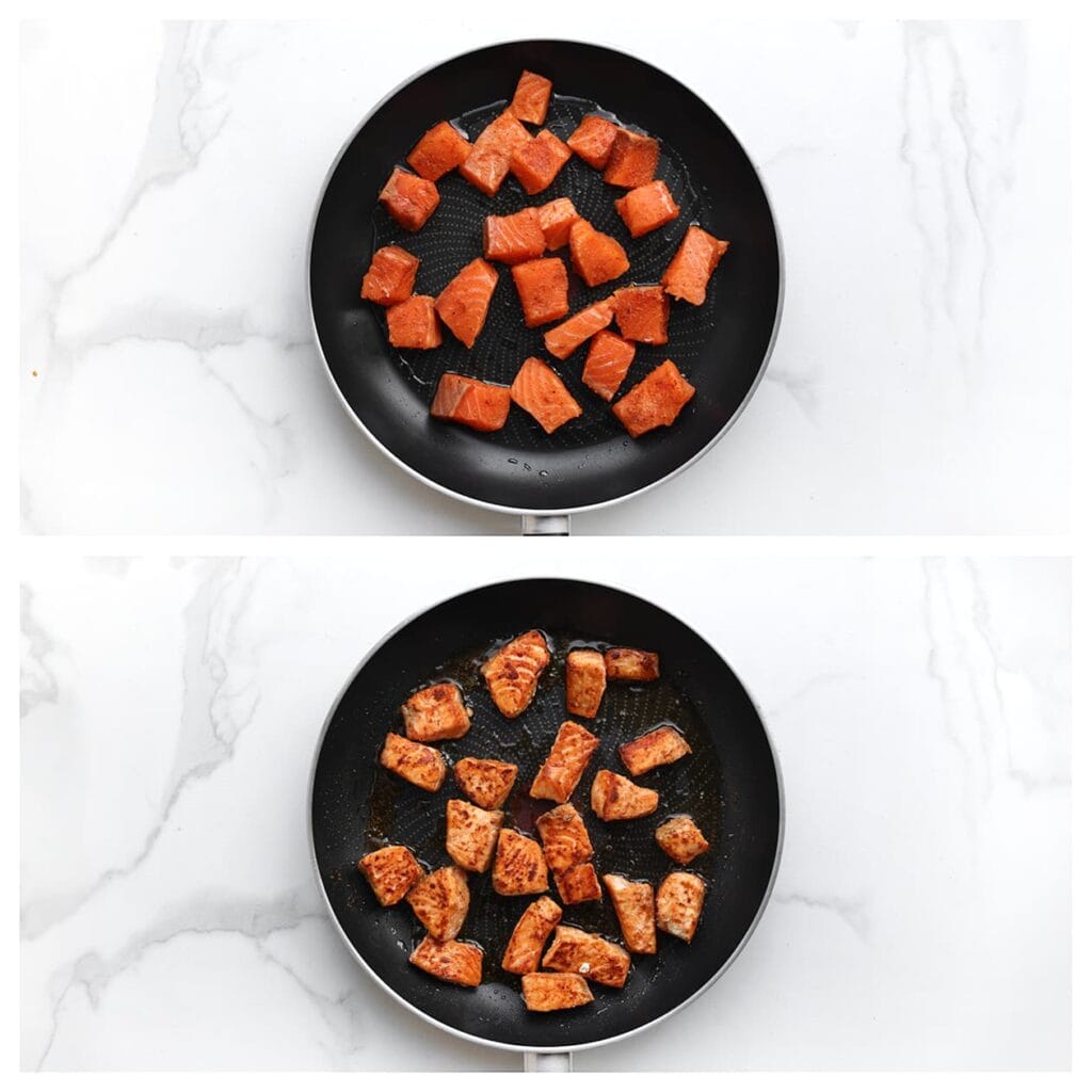 Verhit een koekenpan op middelhoog vuur en bak de zalm tot deze gaar is. 