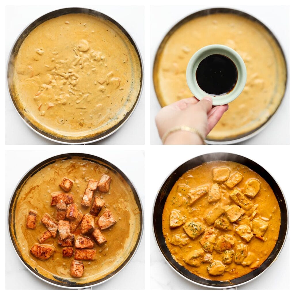 Voeg de ketjap manis en sojasaus toe en meng goed. Doe de zalm terug in de pan en laat nog 2-3 minuten meekoken.