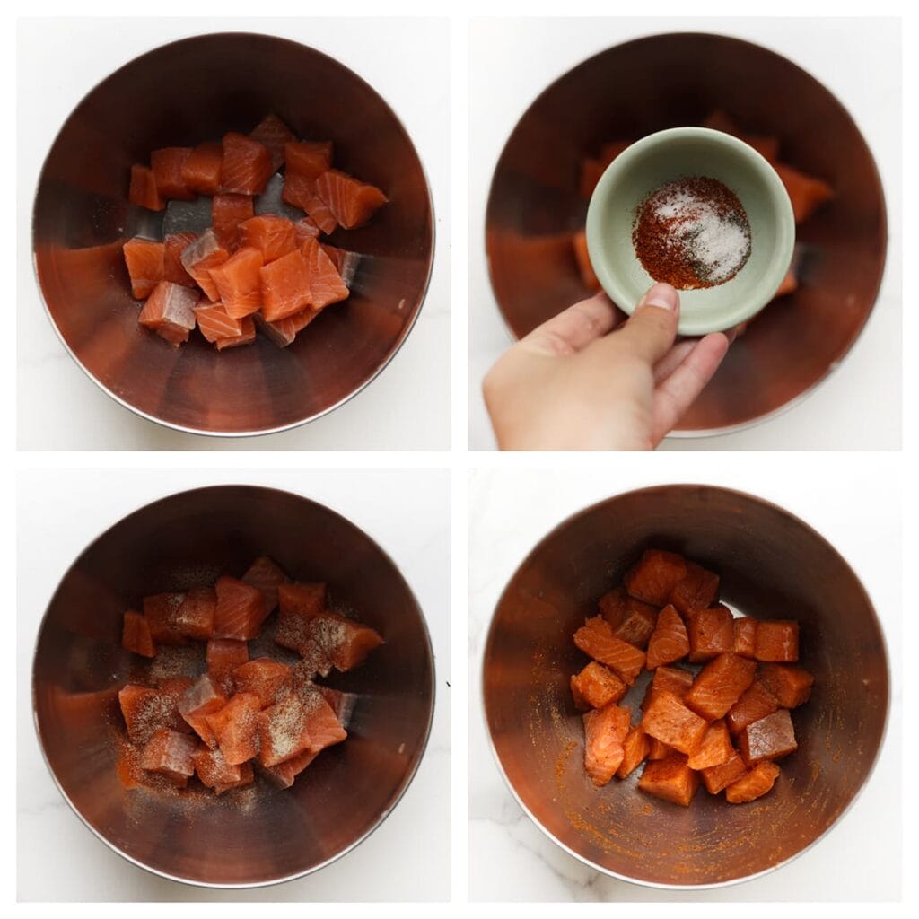 Doe de zalm, cayennepeper, knoflookpoeder, zwarte peper en olijfolie in een diepe kom en meng goed.