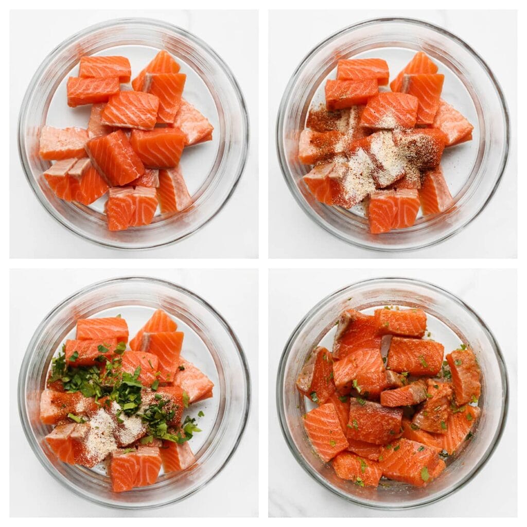 Doe de stukjes zalm in een kom en voeg het zout, cayennepeper, uienpoeder, knoflookpoeder en de verse peterselie toe. Meng goed zodat de zalm gelijkmatig gekruid is.