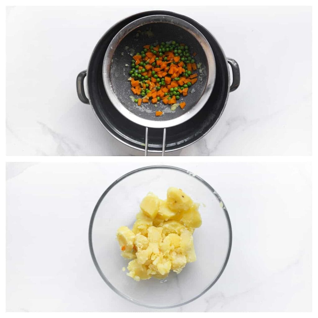 Giet het water af en scheid de wortels en doperwten van de aardappels.